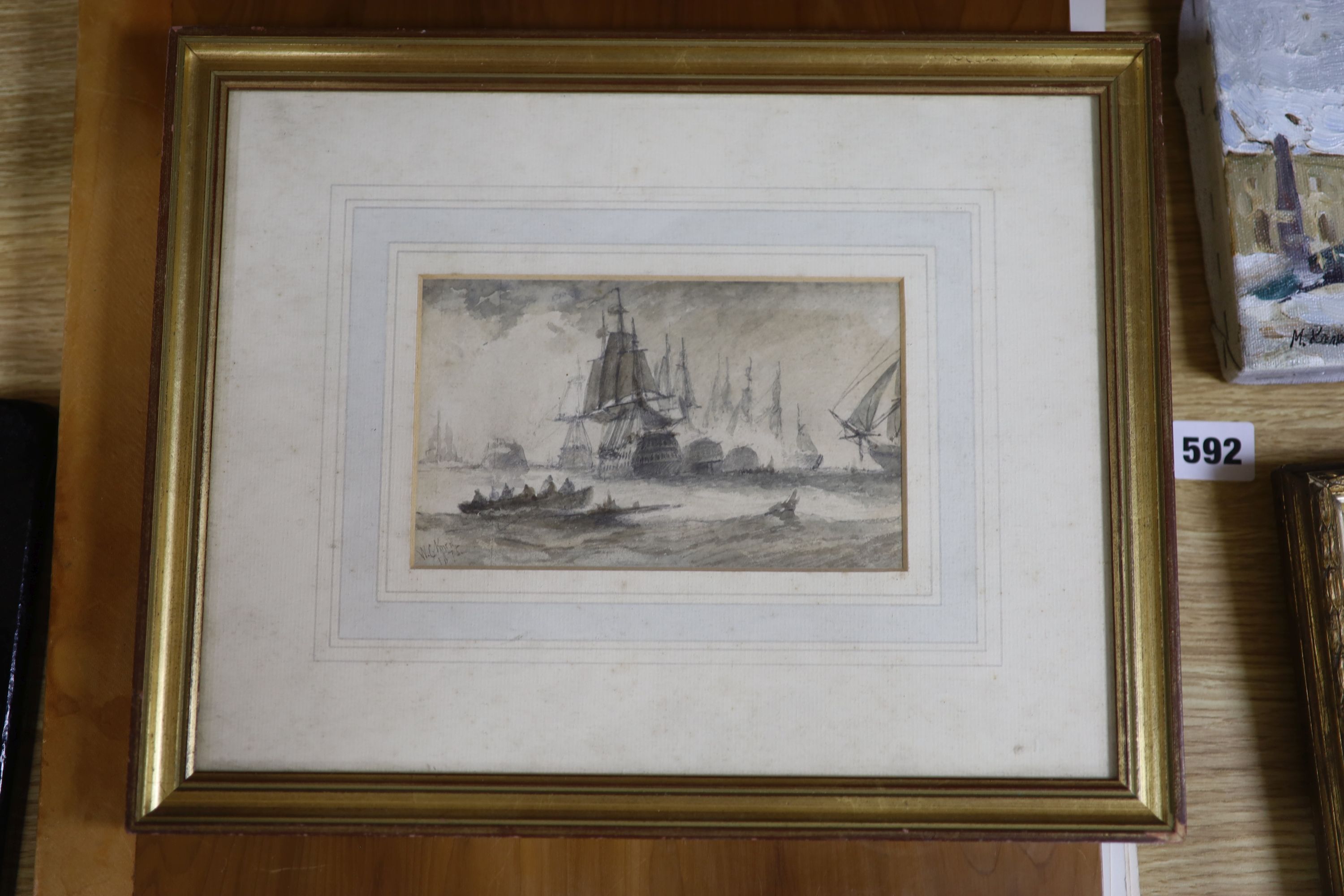 William Calcott Knell (19th C.), watercolour, Shipping at sea, signed and dated 1875, 10 x 17cm